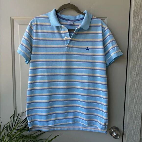 Brooks Brothers Men’s Large Performance Series Blue Yellow Stripe Polo Shirt - Picture 1 of 6